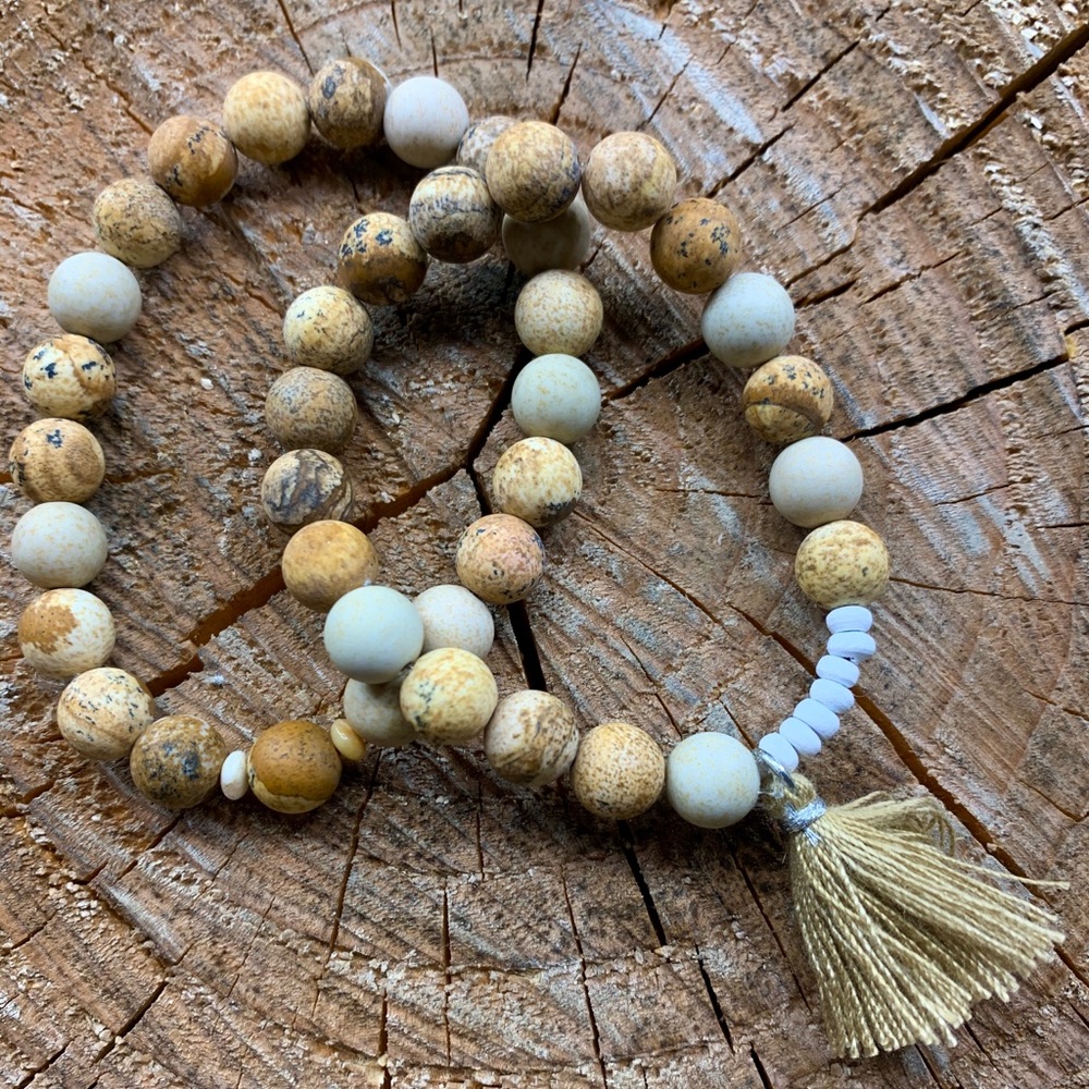 Jasper + White Wood + Tassel || Stack Bracelet